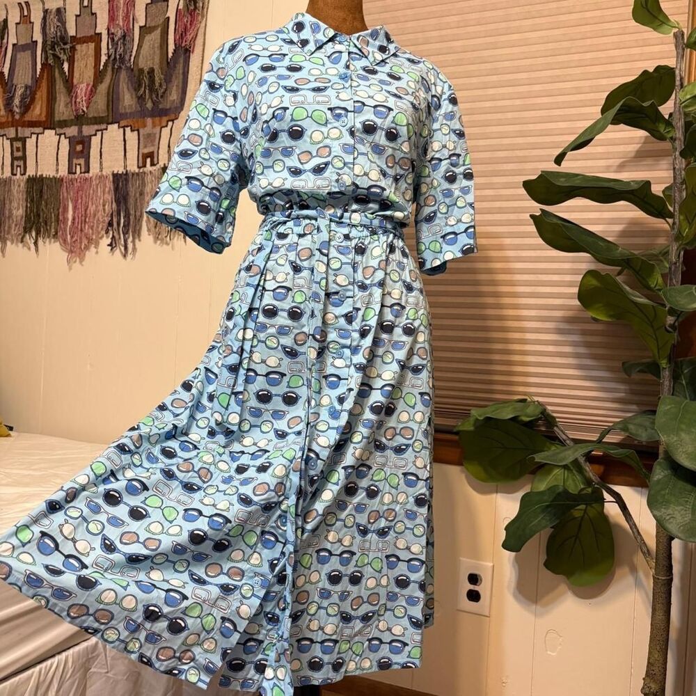 Studio Park Retro Styled Sunglass Novelty Print Midi Dress Cotton Blend